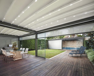 selbsttragende Pergola / angebaut / Aluminium / Stoff-Überdachungen