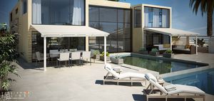 angebaute Pergola / Aluminium / mit orientierbaren Lamellen / mit Sonnenschutzlamellen