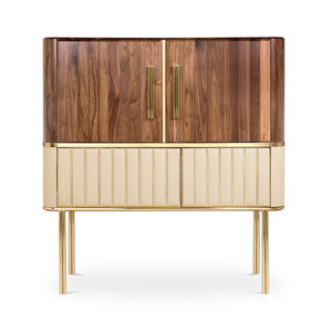 moderner Barschrank / aus Nussbaum / poliertes Messing / Leder