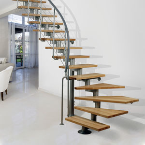 Viertelgewendelte-Treppe / Edelstahlgestell / Holzstufen / ohne Setzstufe