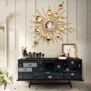 wandmontierter Spiegel / originelles Design / rund / lackiertes Holz