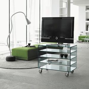 modernes Fernsehmöbel / mit Rollen / Glas