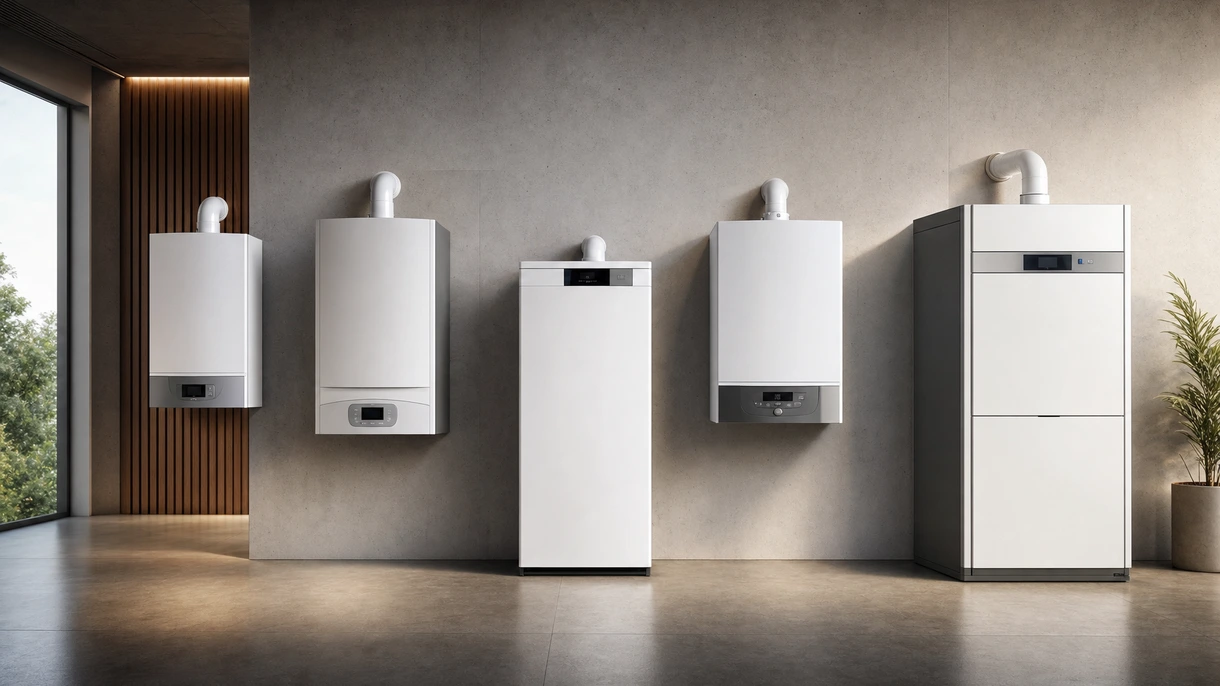 Ein professioneller HLK-Techniker inspiziert einen wandmontierten gewerblichen Gas-Heizkessel in einem modernen Technikraum mit Kupferrohrleitungen.