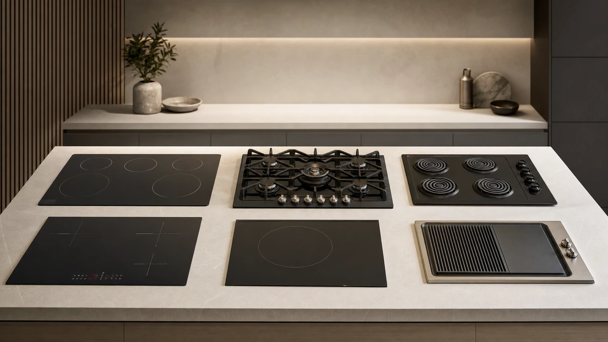Professionelles Induktionskochfeld, integriert in eine minimalistische Marmorinsel in einer luxuriösen High-End-Hotelsuite.