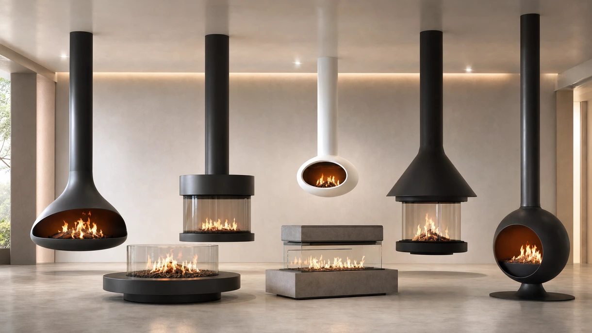 Moderner, hängender Zentralkamin in einer luxuriösen Hotellobby mit minimalistischer Stahlfeuerstelle und offenem Flammendesign.