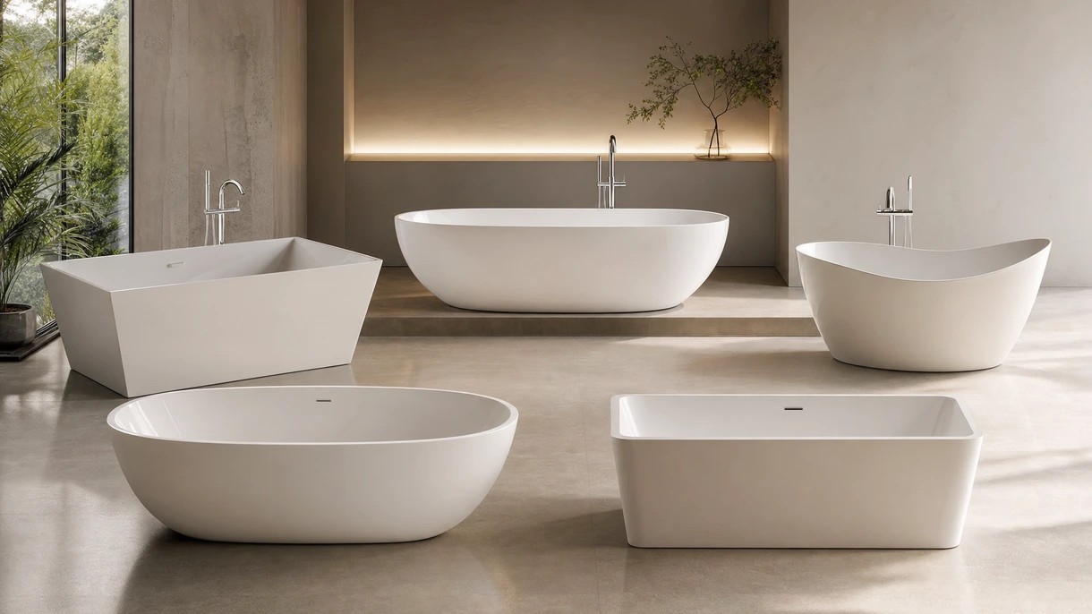 Modernes Hotelbadezimmer mit einer mattweißen Verbundwerkstoff-Badewanne aus Mineralwerkstoff vor einem raumhohen Fenster mit Ausblick.