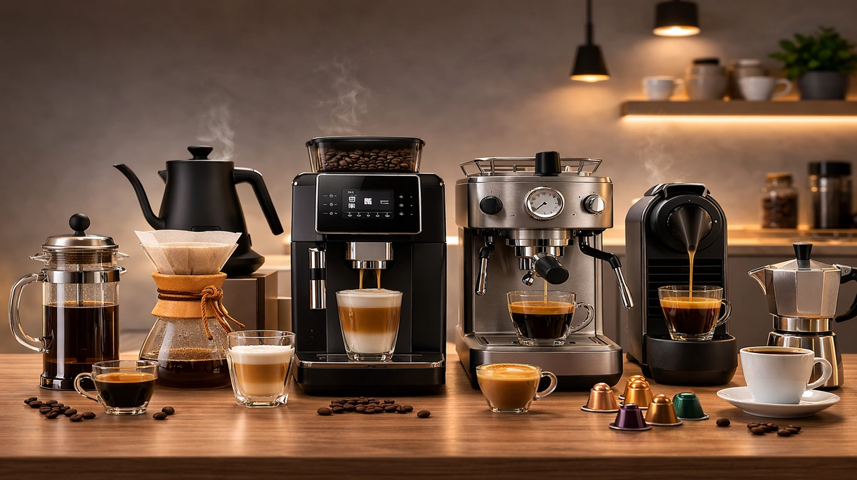 Professionelle Espressomaschine, integriert in eine moderne Luxushotel-Lobbybar mit minimalistischen architektonischen Oberflächen.