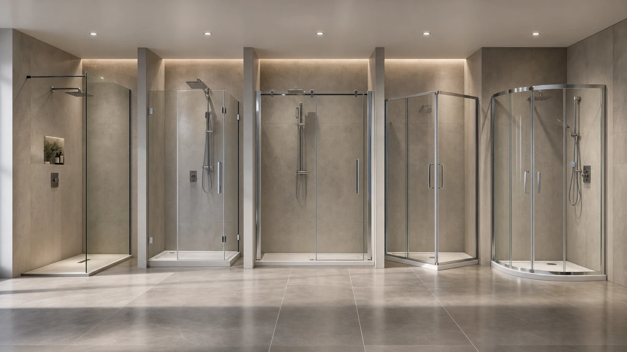 Modernes Hotelbadezimmer mit einer rahmenlosen Duschwand aus Glas, mattschwarzen Beschlägen und minimalistischem Walk-in-Design.