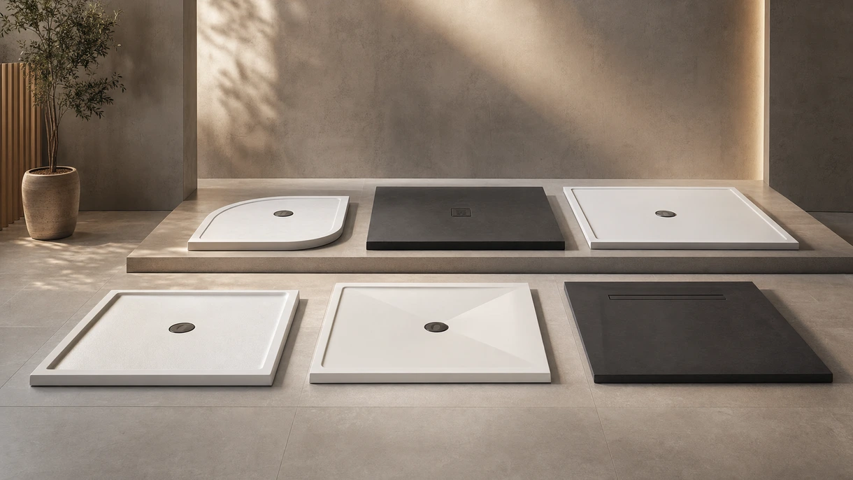 Eine bodenebene Duschwanne aus Mineralguss, installiert in einer luxuriösen Hotelsuite mit rahmenlosem Glas und Designer-Steinoberflächen.