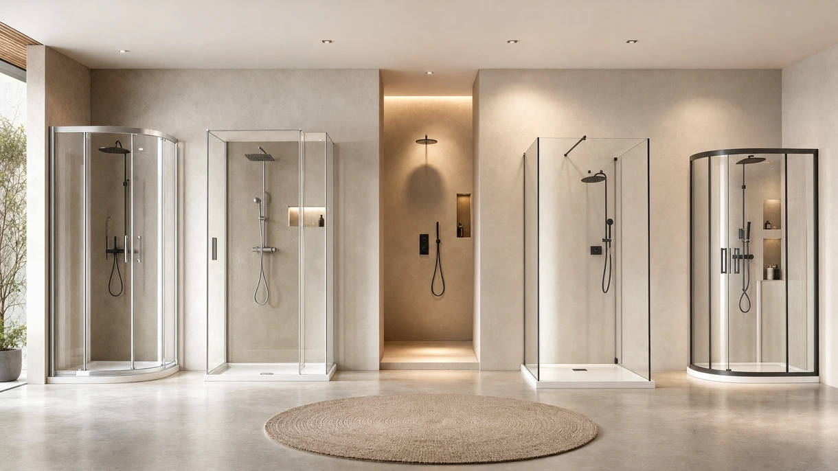 Moderne rahmenlose Glas-Duschkabine, installiert in einer luxuriösen Hotelsuite mit minimalistischen, mattschwarzen Beschlägen und Natursteinfliesen.