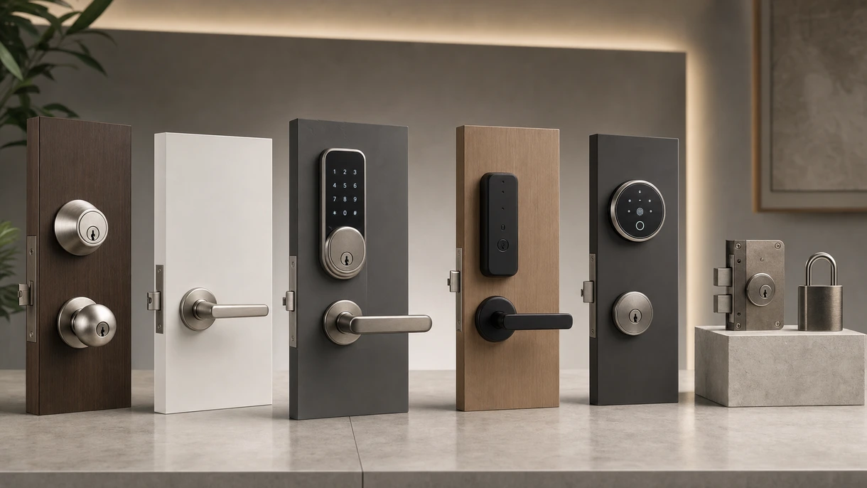 Professioneller Monteur bei der Installation eines smarten elektronischen Türschlosses an einer modernen Glas-Bürotür in der Lobby eines Geschäftsgebäudes.