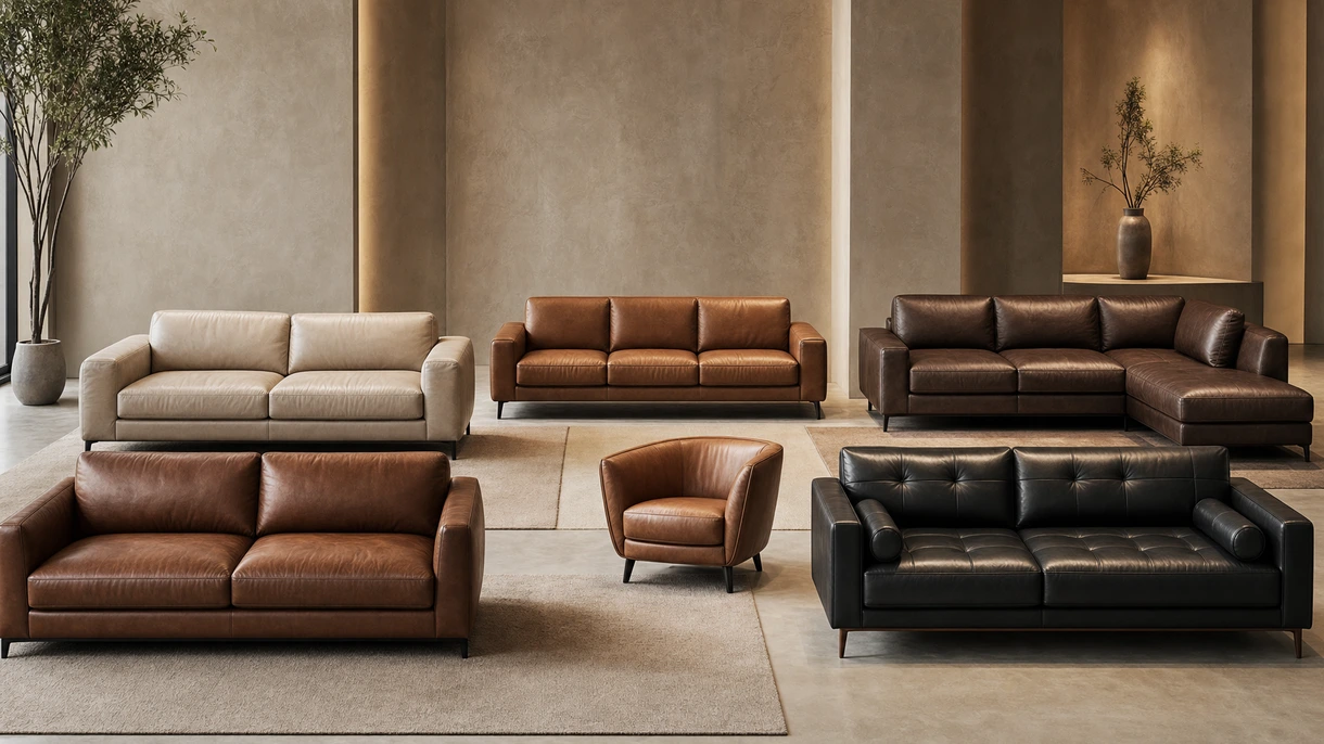 Modernes Ledersofa in einer professionellen Unternehmenslobby mit minimalistischer architektonischer Beleuchtung und hochwertigen Marmorbodenbelägen.
