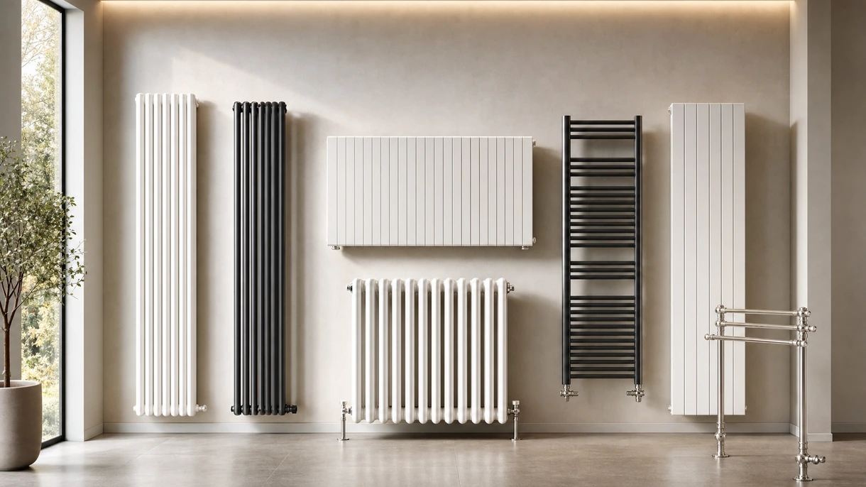 Moderner wassergeführter Heizkörper in einer zeitgenössischen Büro-Lobby mit klaren Linien und effizienter architektonischer Integration für professionelle Beheizung.