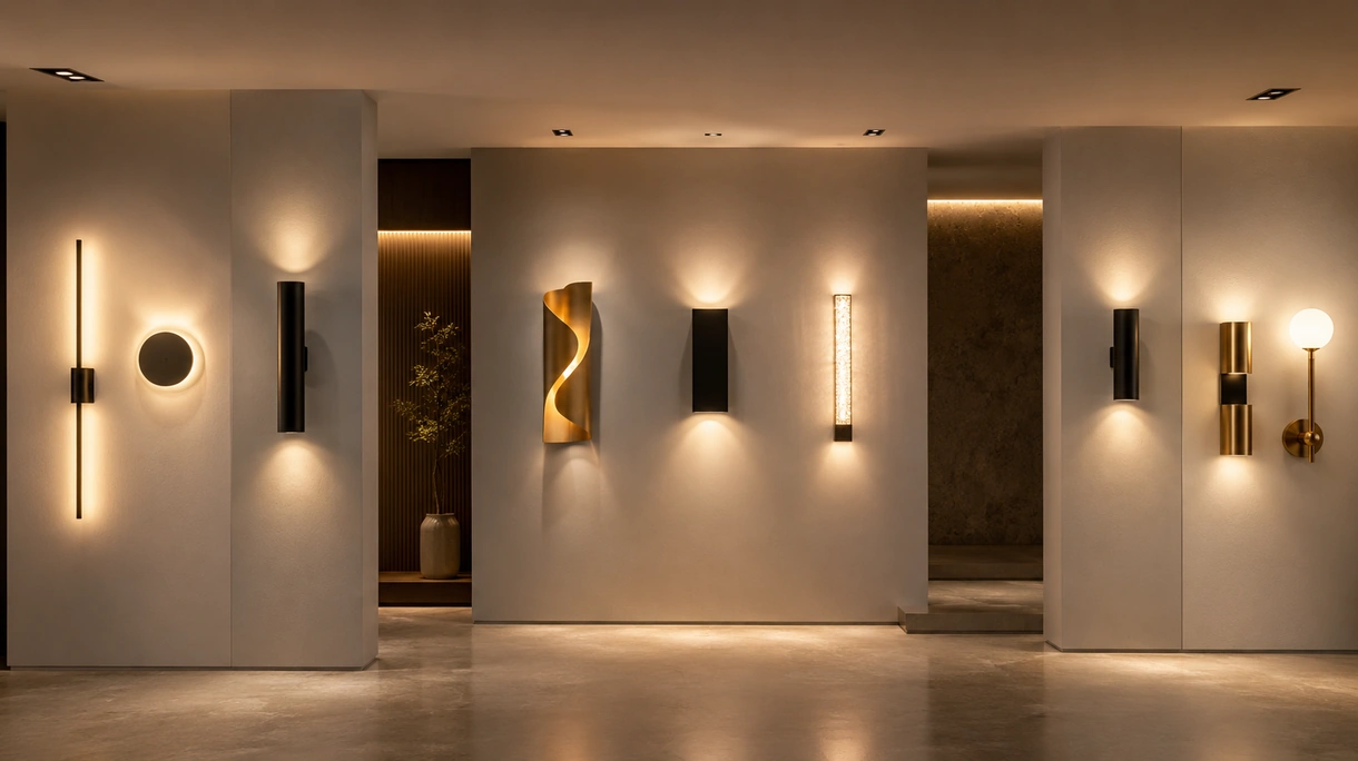 Moderne LED-Wandleuchte zur Beleuchtung eines minimalistischen Hotelkorridors, die eine indirekte Lichtverteilung in einem professionellen Gastgewerbeumfeld zeigt.