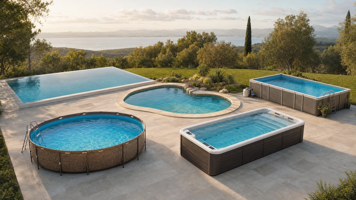 Professionelle Infinity-Pool-Installation auf einer Luxushotel-Dachterrasse mit architektonischen Glasgeländern und Steinterrasse.
