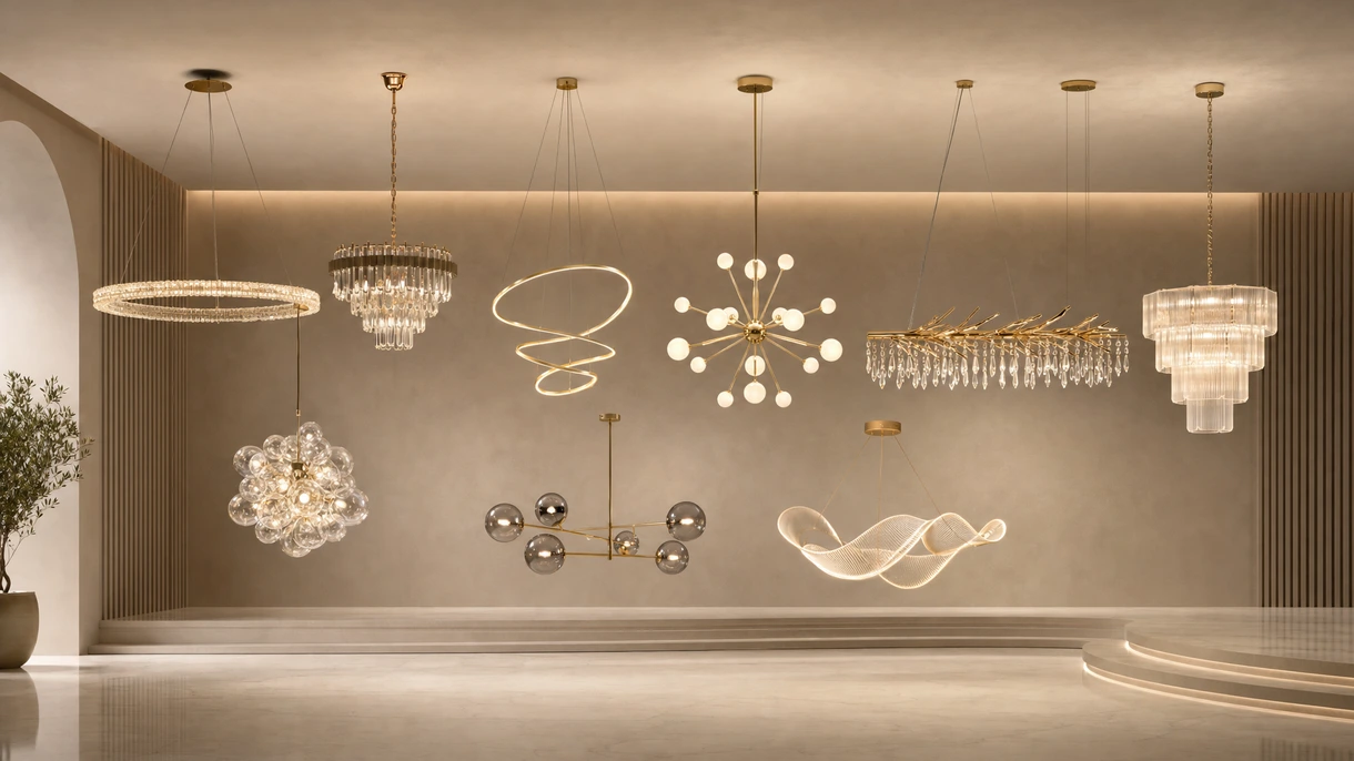 Moderner Kronleuchter in einer luxuriösen Hotellobby, der leistungsstarkes architektonisches Lichtdesign für das Gastgewerbe zeigt.