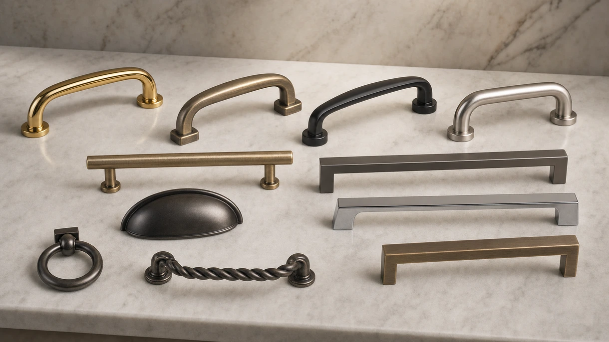 Eleganter Metallgriff aus gebürstetem Edelstahl, montiert an einer minimalistischen, mattschwarzen Bürotür in einem professionellen Arbeitsumfeld.