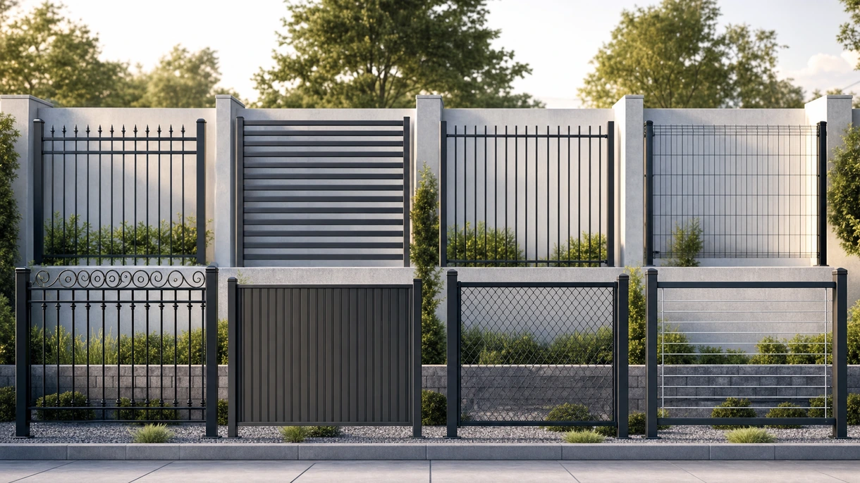 Moderner schwarzer Stahl-Palisadenzaun um einen modernen Bürokomplex-Vorplatz mit professioneller Landschaftsgestaltung und Betonwegen.