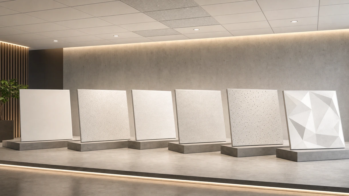 Modernes Großraumbüro mit einer weißen, modularen Akustik-Zwischendecke, integrierter linearer LED-Beleuchtung und Arbeitsplätzen.