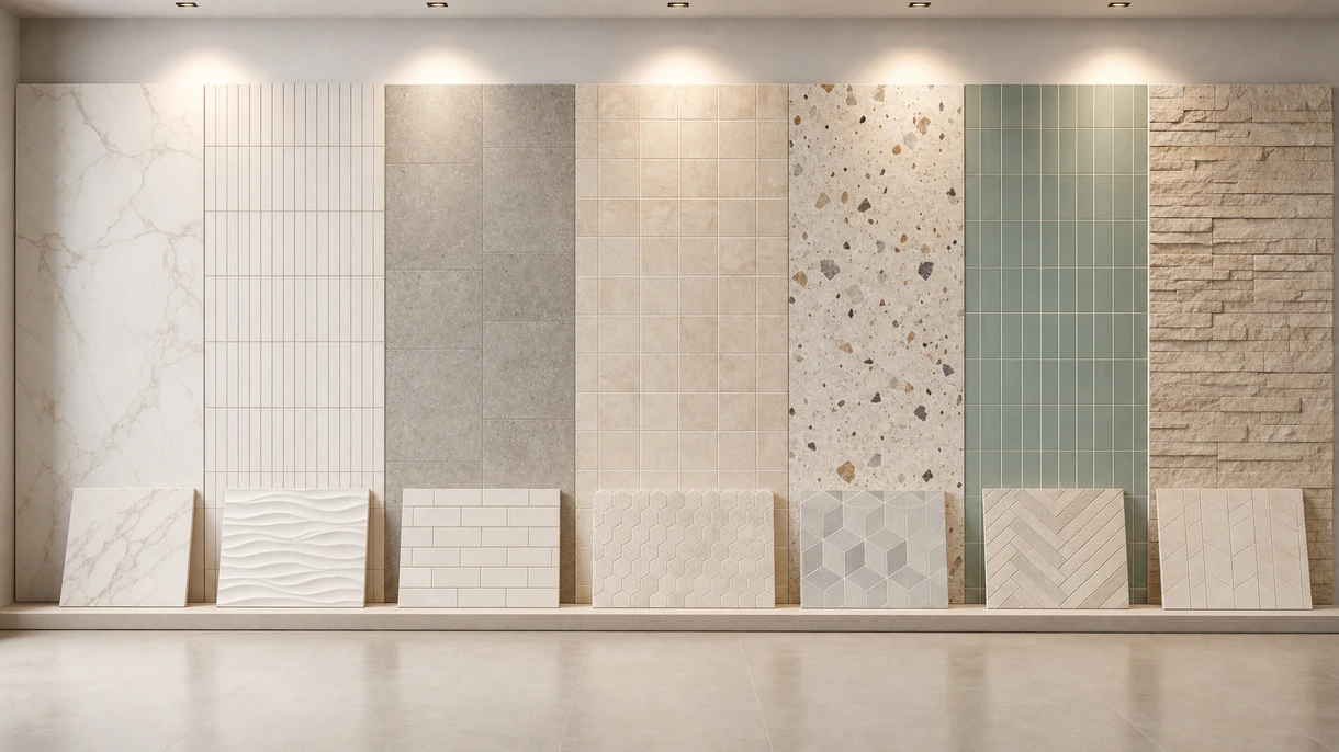 Professioneller Fliesenleger beim Verlegen von großformatigen Wandfliesen aus Feinsteinzeug in einer luxuriösen Hotellobby unter Verwendung eines Nivelliersystems für höchste Präzision.