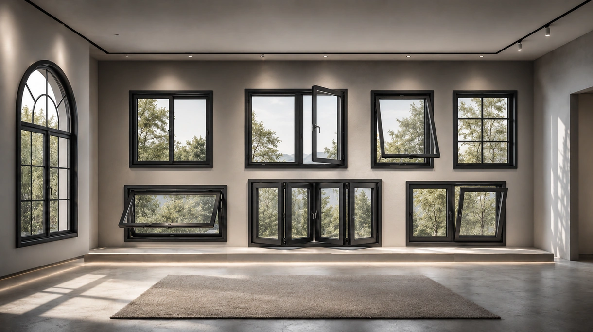 Modernes Bürogebäude mit raumhohen, schwarz eloxierten Metallfenstern aus Aluminium mit schmalem Profil in einem minimalistischen Interieur.