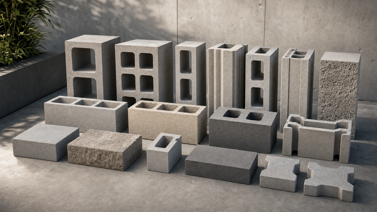Industrieller Mauerwerksbau, bei dem professionelle Maurer Standard-Betonsteine in Grau auf einer gewerblichen Baustelle verlegen.