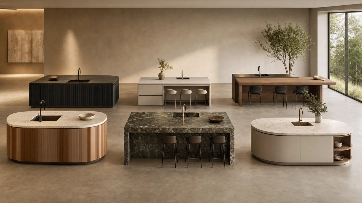 Professionelle Kochinsel-Küche in einem luxuriösen Open-Plan-Penthouse mit integrierten Sitzgelegenheiten und hochwertigen Marmoroberflächen.