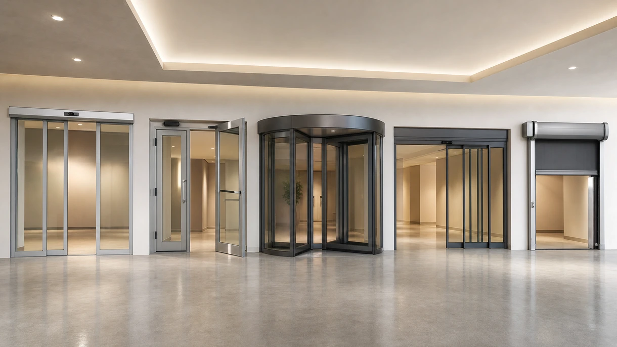 Moderne automatische Glasschiebetür an einem gewerblichen Gebäudeeingang mit Fußgängern, die eine helle, professionelle Büro-Lobby betreten.