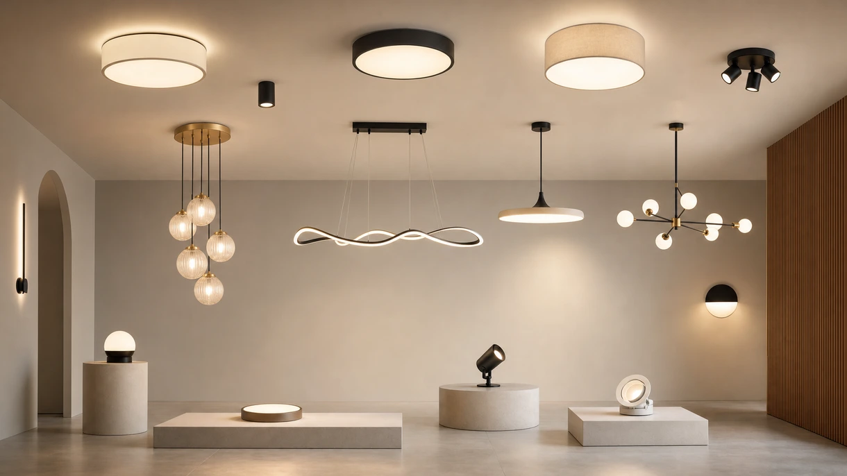 Professionelle Büro-Lobby mit architektonischen modernen Deckenleuchten, die in ein minimalistisches Akustik-Holzpaneelsystem integriert sind.