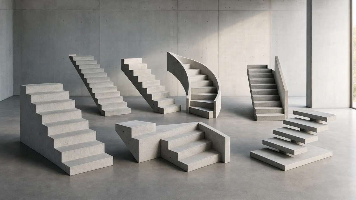 Ein Kran hebt eine Fertigtreppe aus Beton während der Rohbauphase in das Skelett eines Gewerbegebäudes.