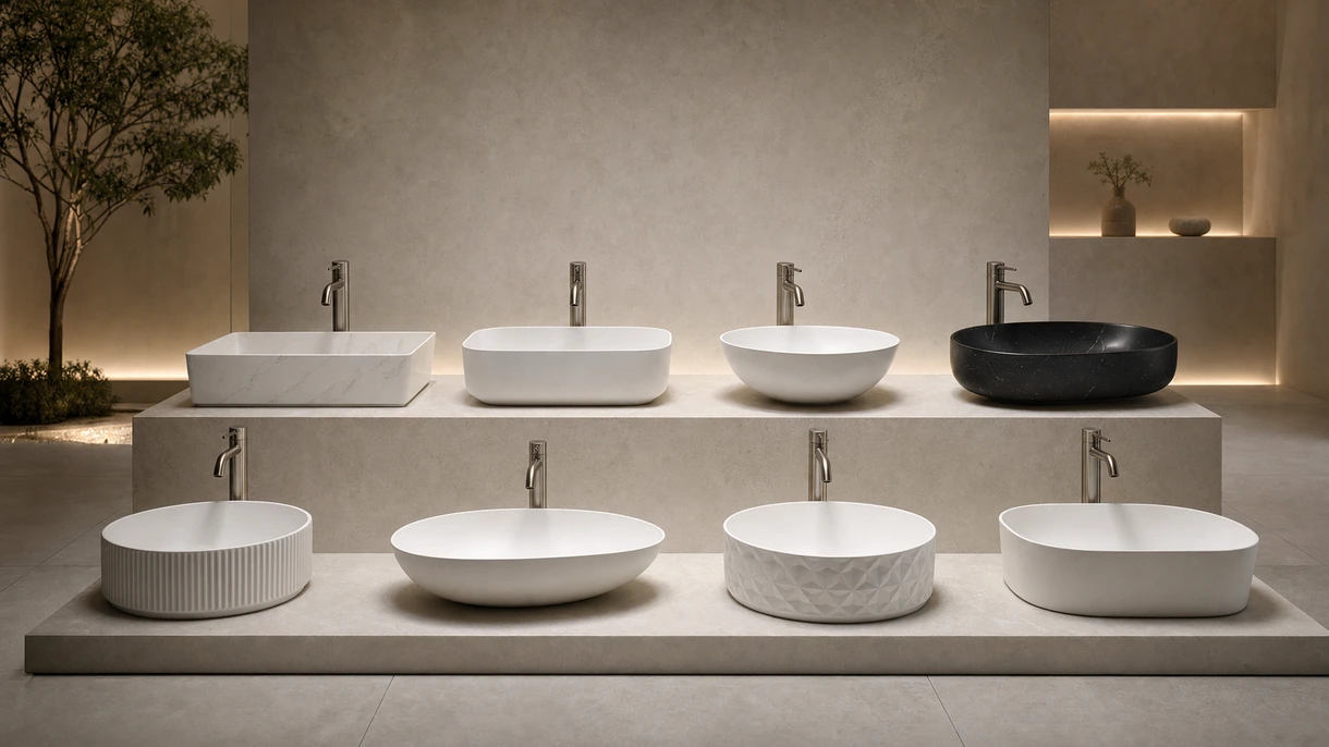 Moderner Sanitärraum im Gastgewerbe mit mattweißen Aufsatzwaschbecken auf einer dunklen Marmorkonsole mit Wandarmaturen.