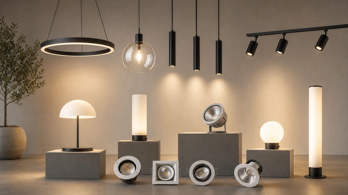 Modernes architektonisches Büro-Interieur mit eingelassenen dimmbaren Leuchten, die einen professionellen Konferenztisch beleuchten.