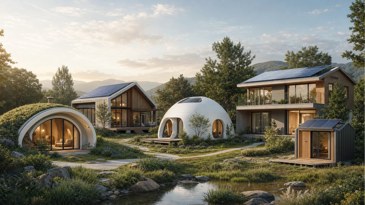 Nachhaltige moderne Residenz mit Solarglas und Naturholzverkleidung in einem urbanen, professionellen Entwicklungsumfeld.