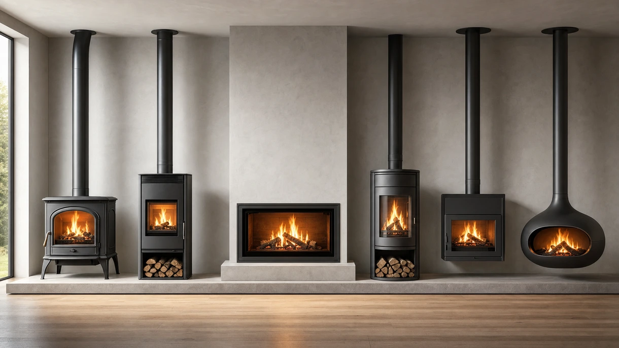 Moderner, minimalistischer Holzkamin, integriert in eine luxuriöse Hotellobby mit bodentiefer Verglasung und Steinwand.