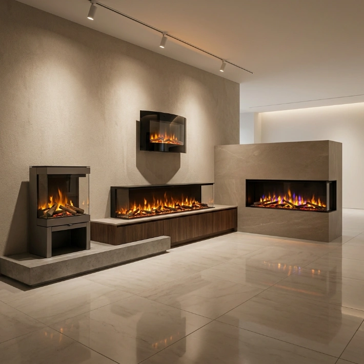Moderner, in eine minimalistische Marmorwand integrierter Elektrokamin in der Lobby-Lounge eines Luxushotels.