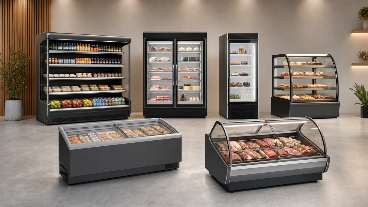 Professionelle Kühlvitrine, integriert in eine moderne Bäckerei-Inneneinrichtung mit elegantem schwarzem Metall und transparenten Glasflächen.