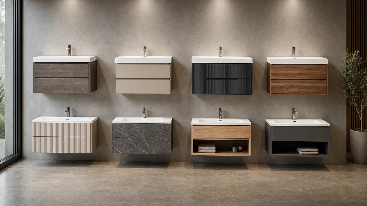 Modernes Hotelbadezimmer mit einem wandhängenden Waschtisch-Unterschrank in Eiche Natur mit integriertem Keramikwaschbecken und Designer-Armaturen.