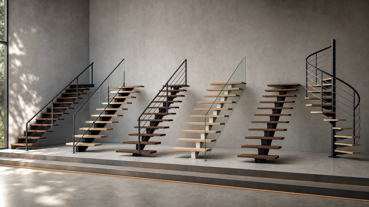Moderne Treppe ohne Setzstufen mit Eichenstufen in einer minimalistischen Hotellobby mit Glasgeländer und zentralem Stahlholm.