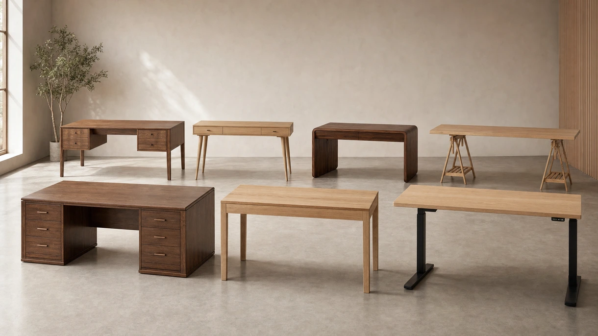 Architekt in einem modernen europäischen Büro, der an einem nachhaltigen Holz-Schreibtisch aus massiver Eiche mit integriertem Kabelmanagement und Beleuchtung arbeitet.