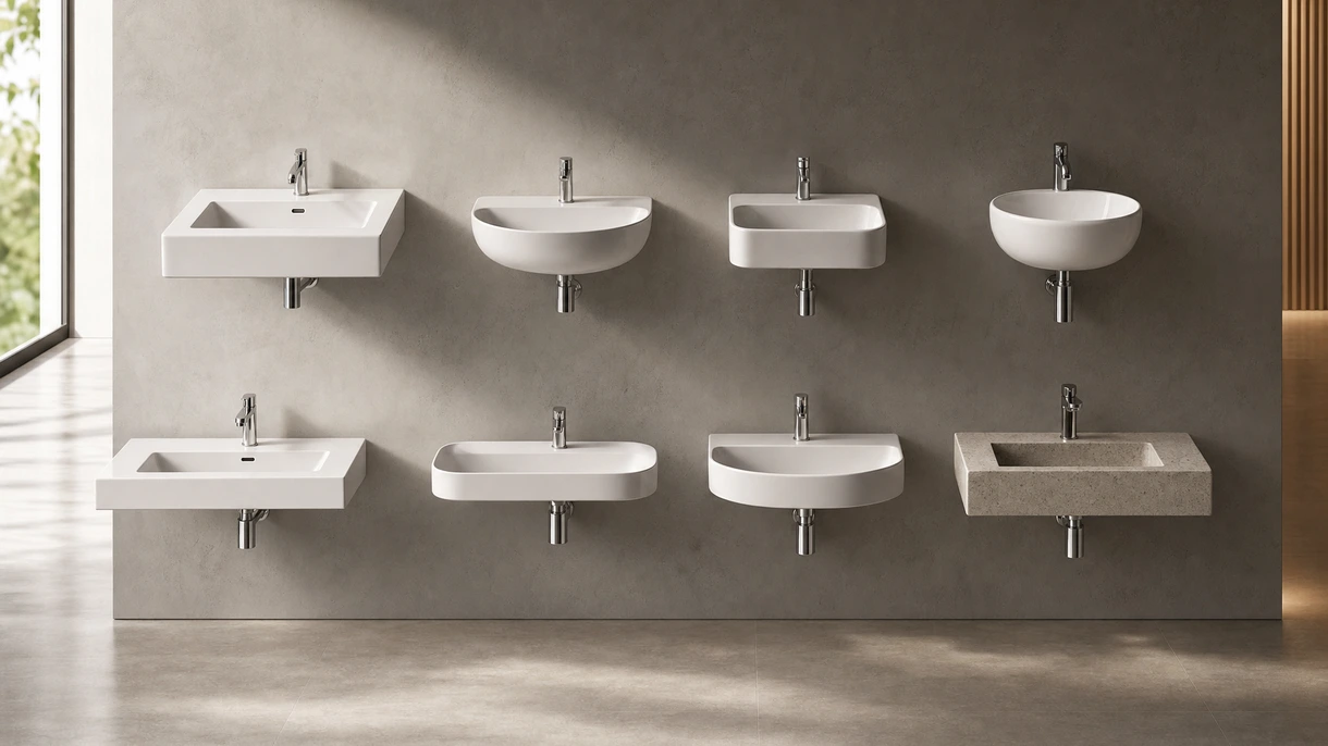 Minimalistisches Wand-Waschbecken in einem luxuriösen Hotelbad mit mattschwarzen Armaturen und großformatigen Wandfliesen aus Feinsteinzeug.