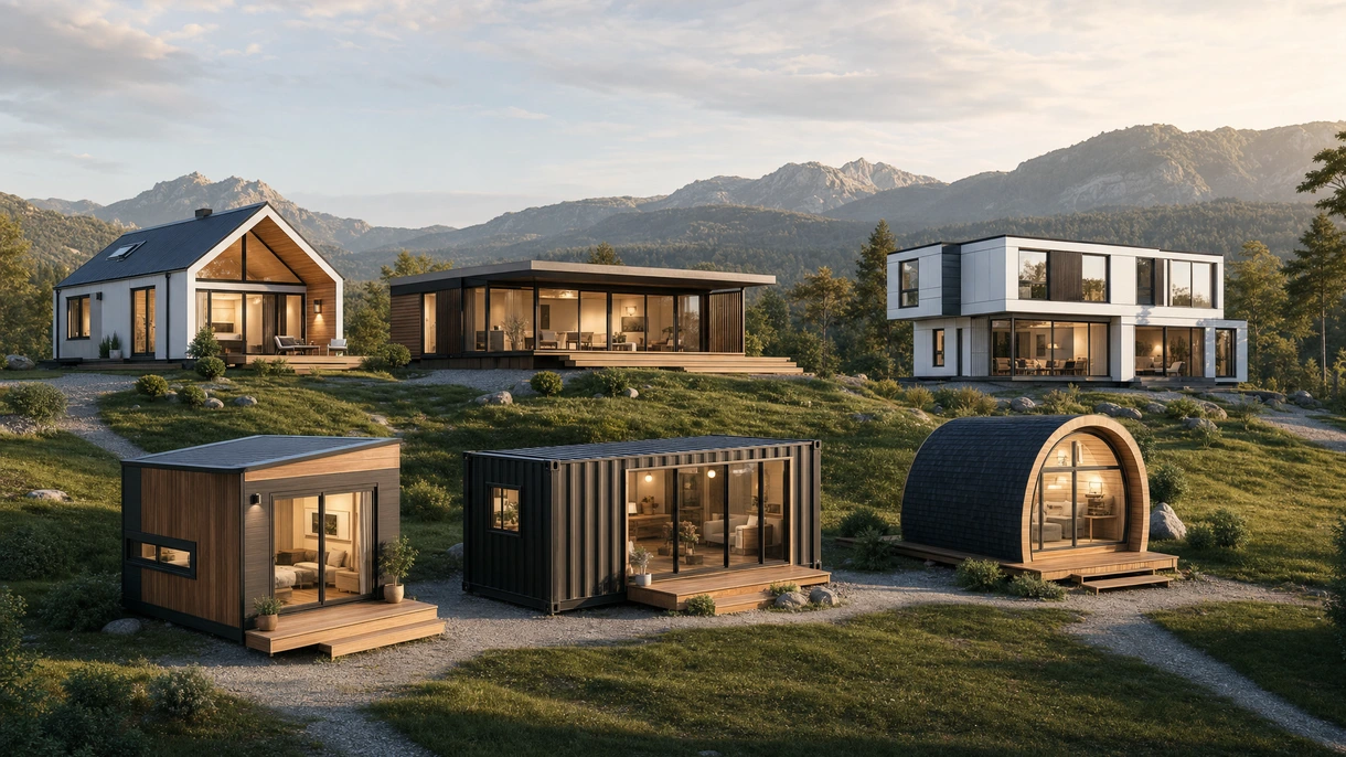 Modernes modulares Fertigbauhaus wird mit einem Kran auf einem Wohngrundstück mit professioneller architektonischer Gestaltung positioniert.