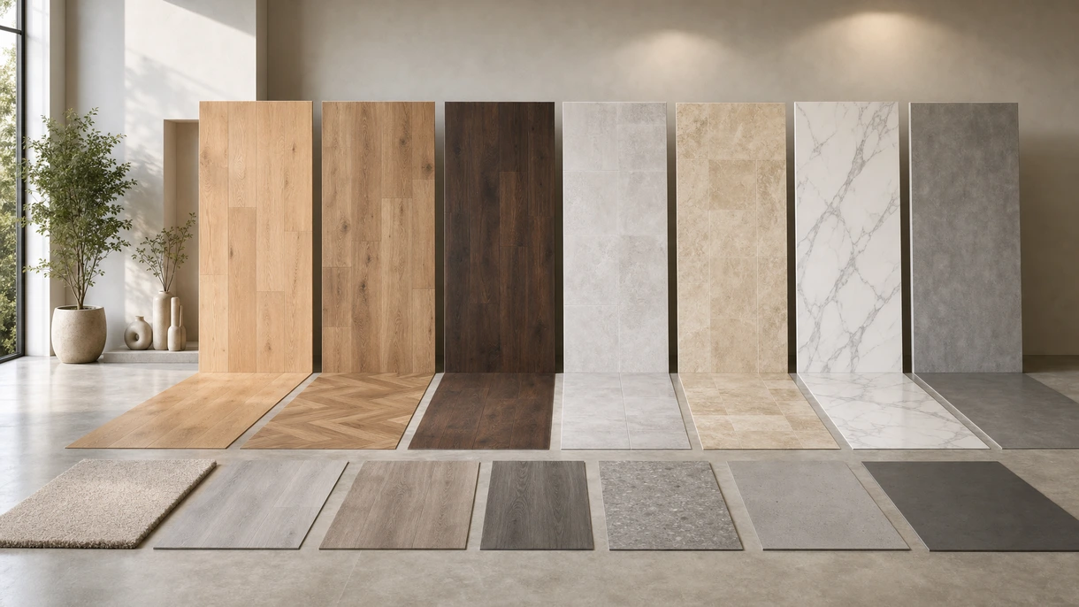 Architekten begutachten großformatige Feinsteinzeugfliesen-Muster in einer lichtdurchfluteten, modernen Lobby eines Geschäftsgebäudes mit Glasfronten.