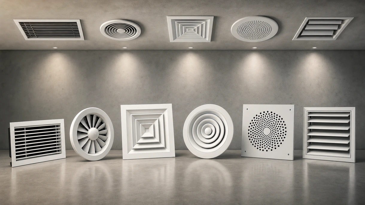 Professionelles Bürointerieur mit linearen Schlitzdurchlässen, die in ein minimalistisches, abgehängtes Deckensystem integriert sind.