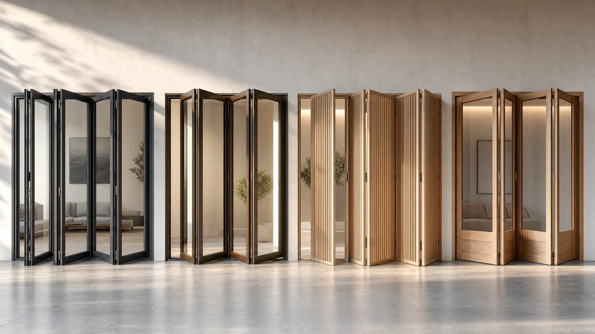 Professioneller Architekt beim Öffnen einer gewerblichen faltbaren Tür aus Aluminium, die eine moderne Hotellobby mit einer Außenterrasse verbindet.