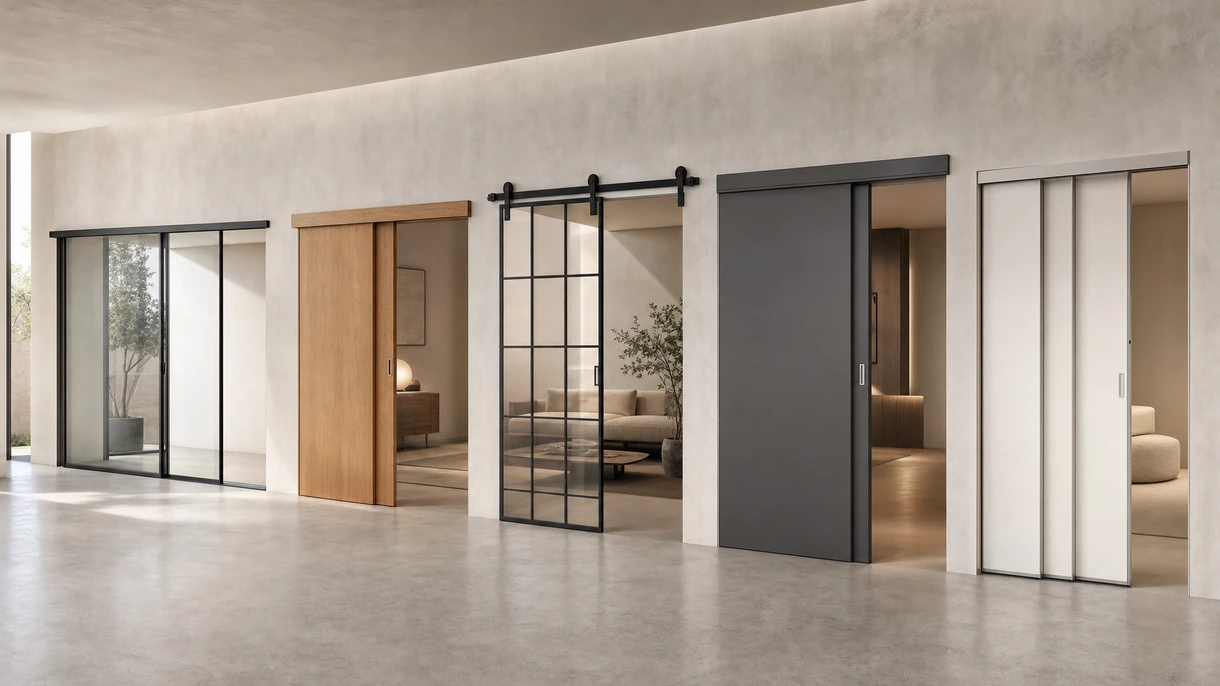 Minimalistische Glas-Schiebetür in einem modernen Open-Plan-Büro mit bodenbündigen Laufschienen und Aluminiumrahmen.
