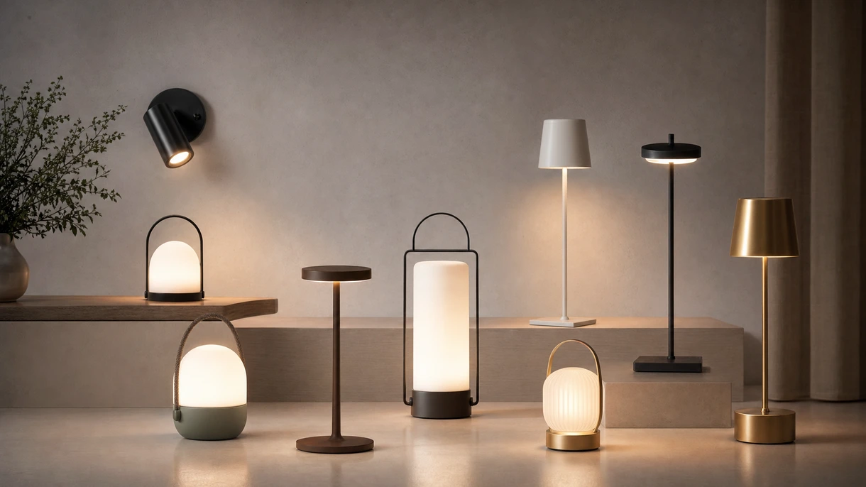 Professionelle Restaurantterrasse mit minimalistischen schnurlosen Tischlampen, die eine warme Ambientebeleuchtung für Gäste in einem gewerblichen Umfeld bieten.