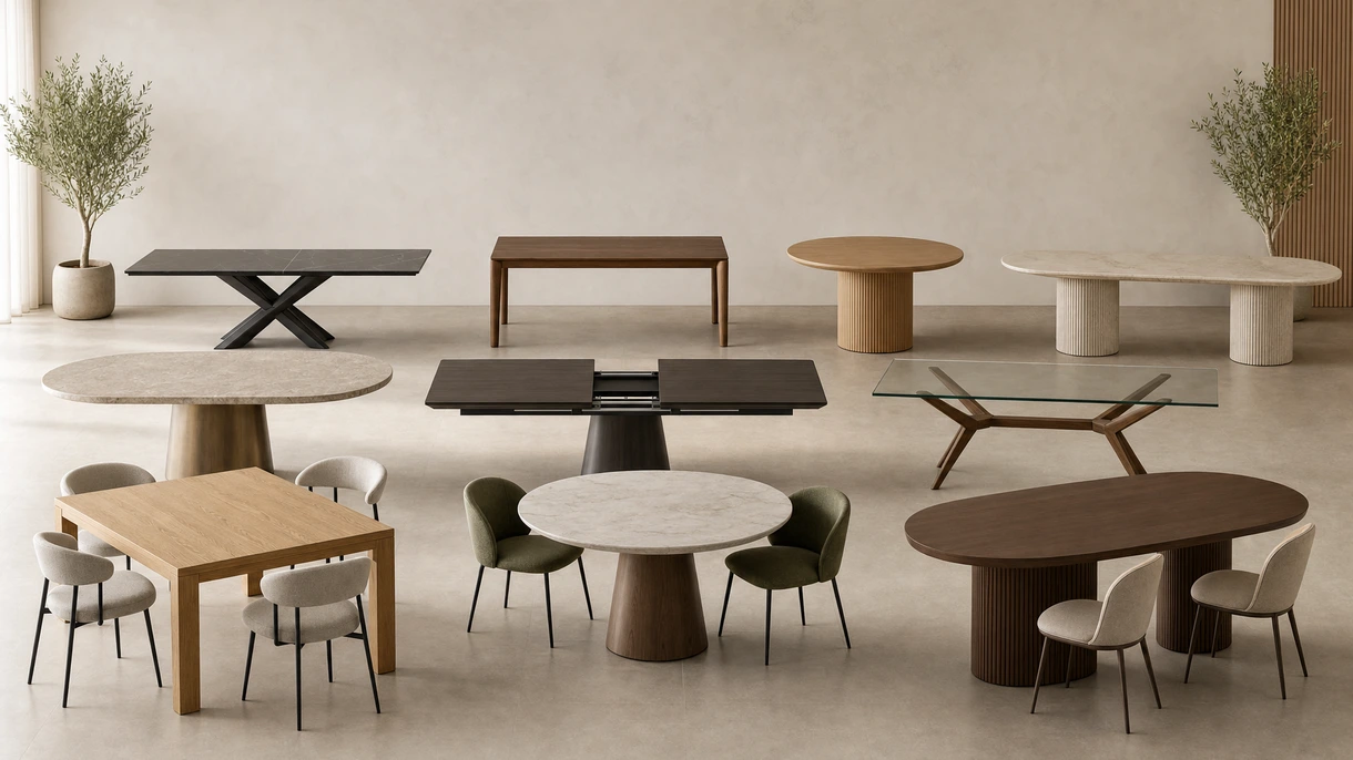 Moderner rechteckiger Esstisch in einem minimalistischen, professionellen Restaurant-Ambiente mit ergonomischen Sitzgelegenheiten und architektonischem Lichtdesign.