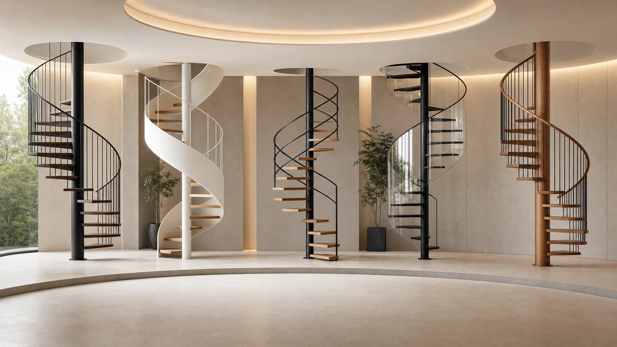 Moderne Wendeltreppe in einer professionellen Büro-Lobby mit Edelstahlgeländern und hochbelastbaren Holzstufen.