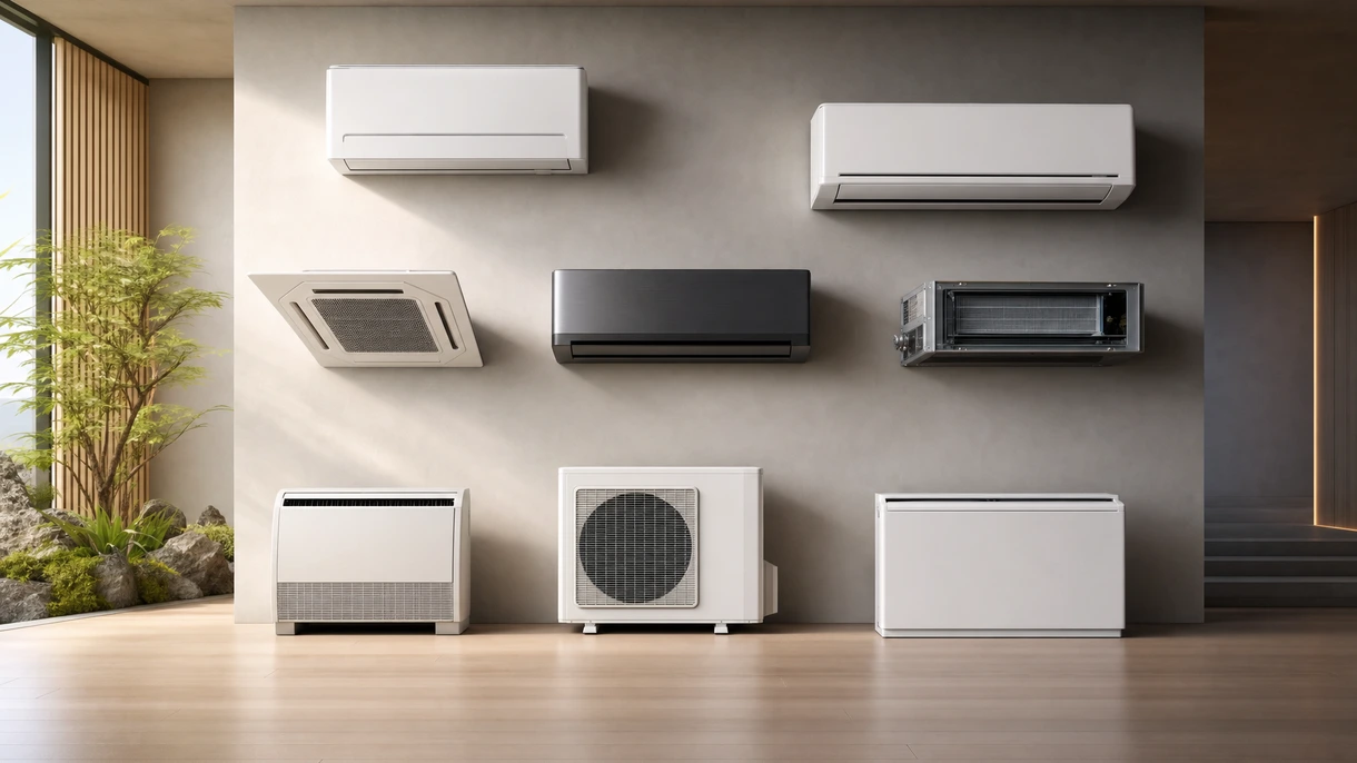 Professionelle wandmontierte Split-Klimaanlage, installiert in einer modernen, minimalistischen Büro-Lounge mit großen Fenstern und zeitgenössischen Möbeln.