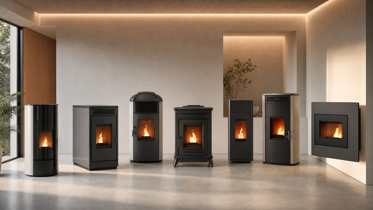 Moderner Pelletkaminofen, integriert in eine zeitgenössische Hotel-Lobby mit minimalistischem Innendesign und großen Glasfronten.